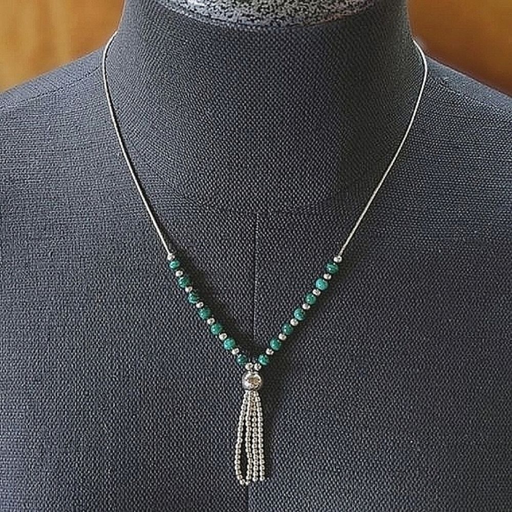 Vtg sterling silver and malachite round bead tassle necklace